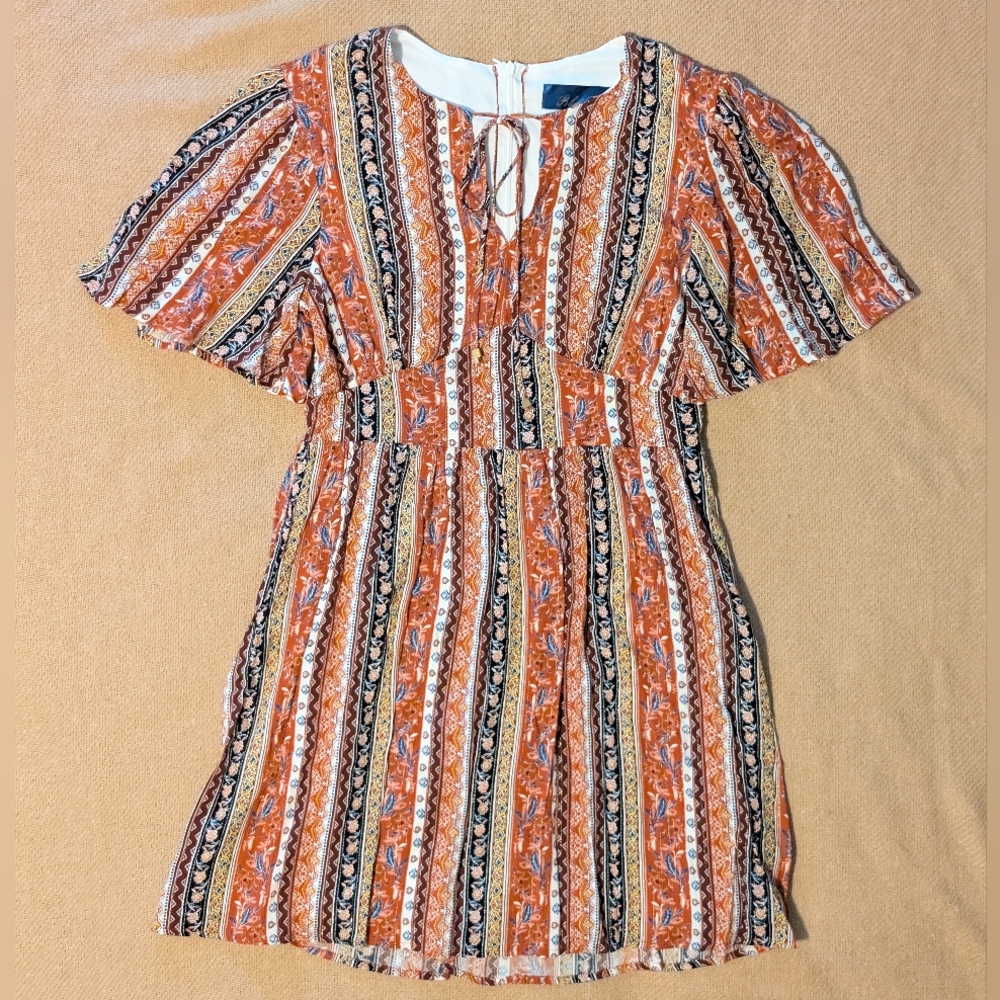 Blue Rain Red-Orange and Navy Boho Patterned Short Sleeve Mini Dress